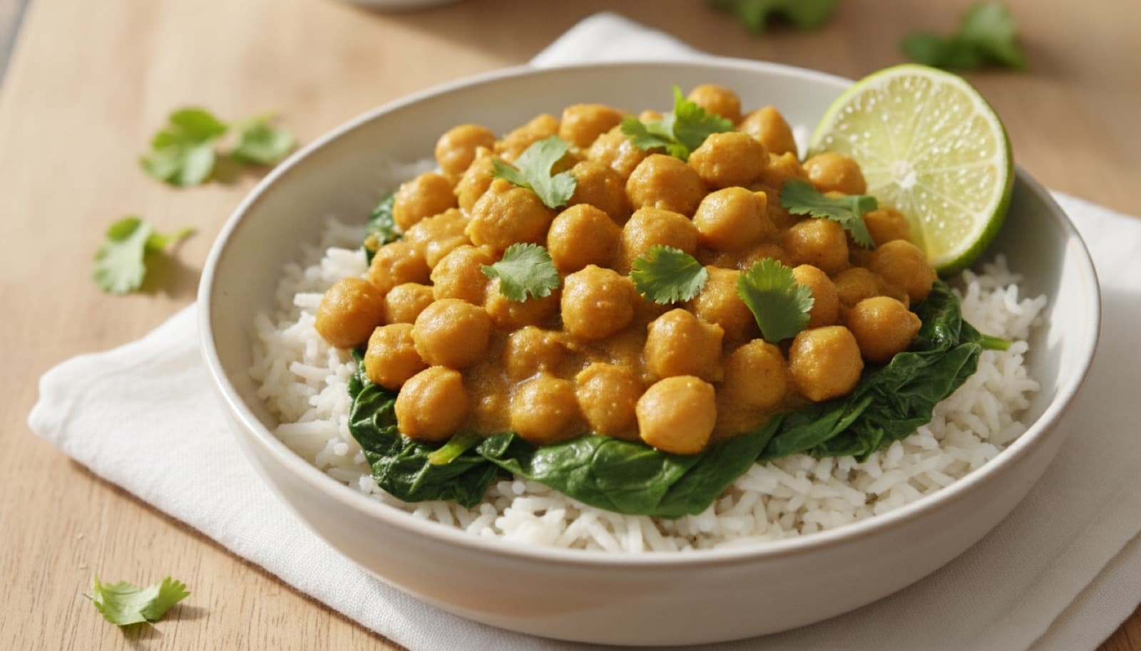 Cremiges Kichererbsen-Curry mit Spinat und Limette in einem Topf
