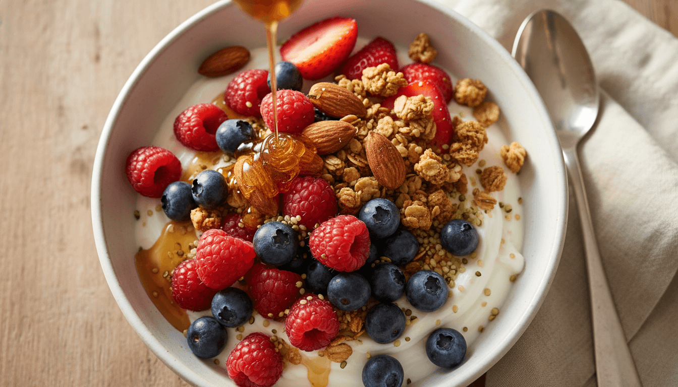Greek Yogurt Power Bowl with Berries, Walnuts and Hemp Seeds