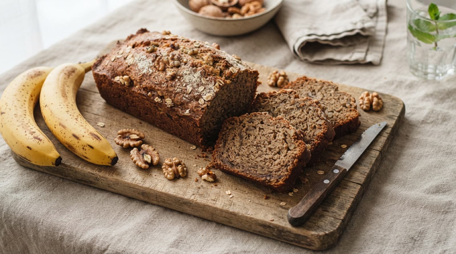 Ein aufgeschnittener Laib proteinreiches Bananenbrot auf einem rustikalen Holzbrett, saftige dichte Krume in den Scheiben sichtbar, goldbraune Kruste, daneben ganze Bananen und Walnüsse