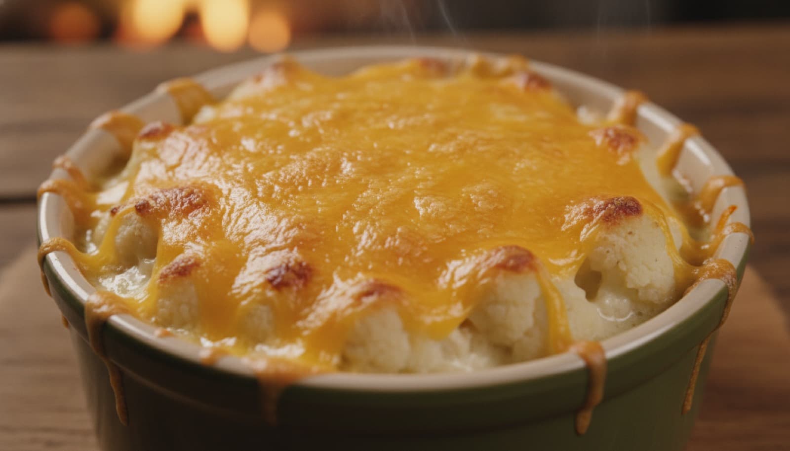 Keto Blumenkohl Mac and Cheese mit geröstetem Blumenkohl in cremiger Cheddar-Sauce und knuspriger, überbackener Kruste in einer Auflaufform