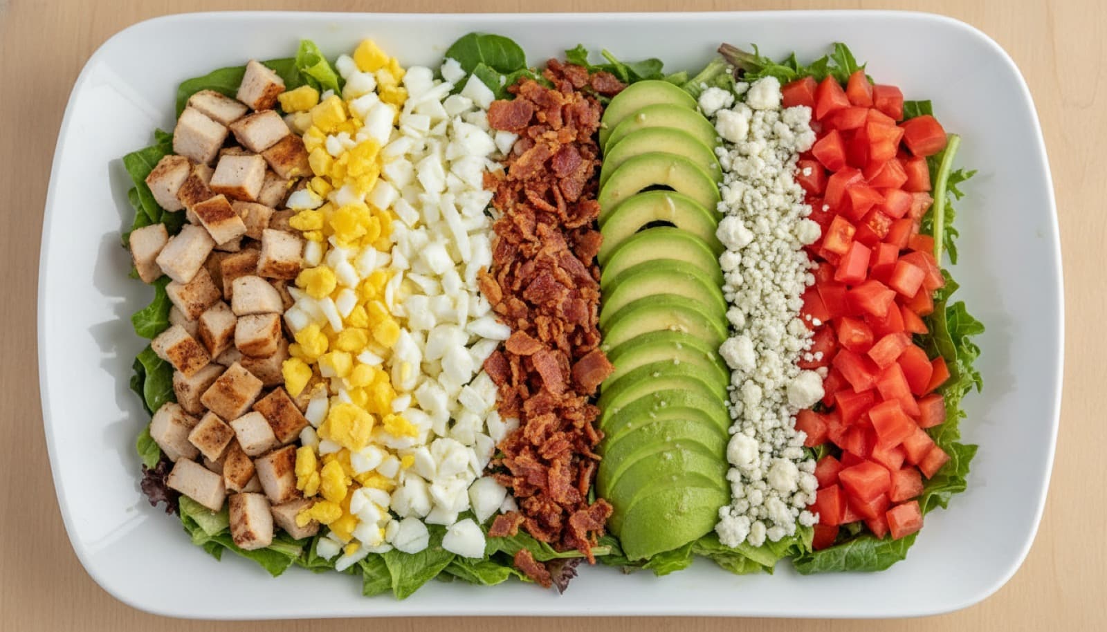 Keto Cobb-Salat mit Reihen aus Hähnchen, halbierten Eiern, Speck, Avocado, Kirschtomaten und Blauschimmelkäse auf Blattsalat