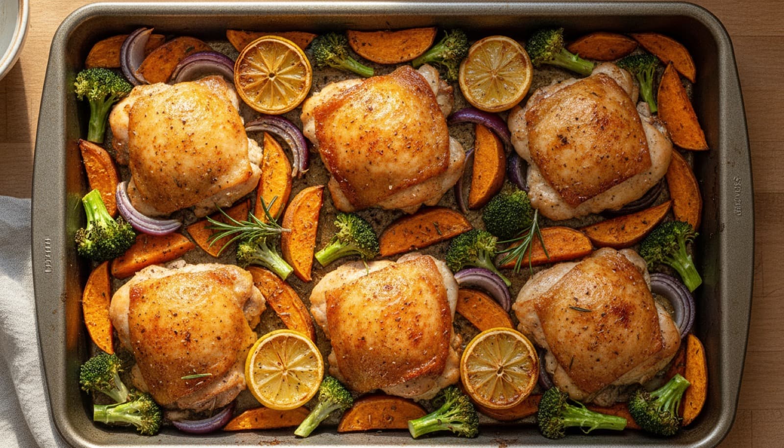 Paleo-Sheet-Pan-Hähnchenschenkel mit Süßkartoffel, Brokkoli und roter Zwiebel auf einem Backblech mit Zitrone