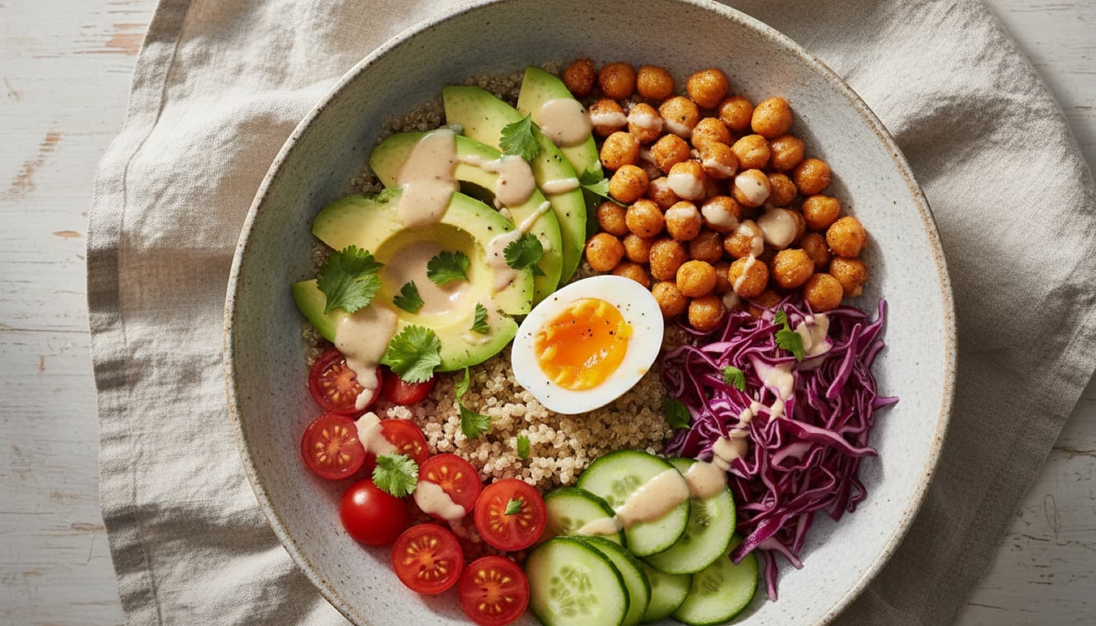 Bunte Quinoa-Power-Bowl von oben mit lockerer Quinoa, gerösteten Kichererbsen, Avocado, Kirschtomaten, Gurke, Rotkohl und einem halbierten wachsweichen Ei, beträufelt mit Tahini-Zitronen-Dressing