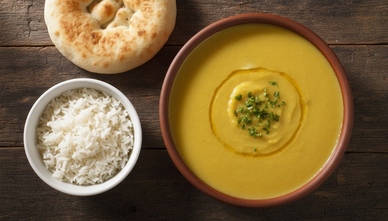 Rotes Linsen-Dal, ein cremiges goldorangenes gewürztes indisches Linsengericht, obenauf ein temperiertes Gewürzöl, frischer Koriander, ein Klecks Joghurt und eine Limettenspalte, serviert in einer rustikalen Keramikschale mit Basmatireis und Naan daneben