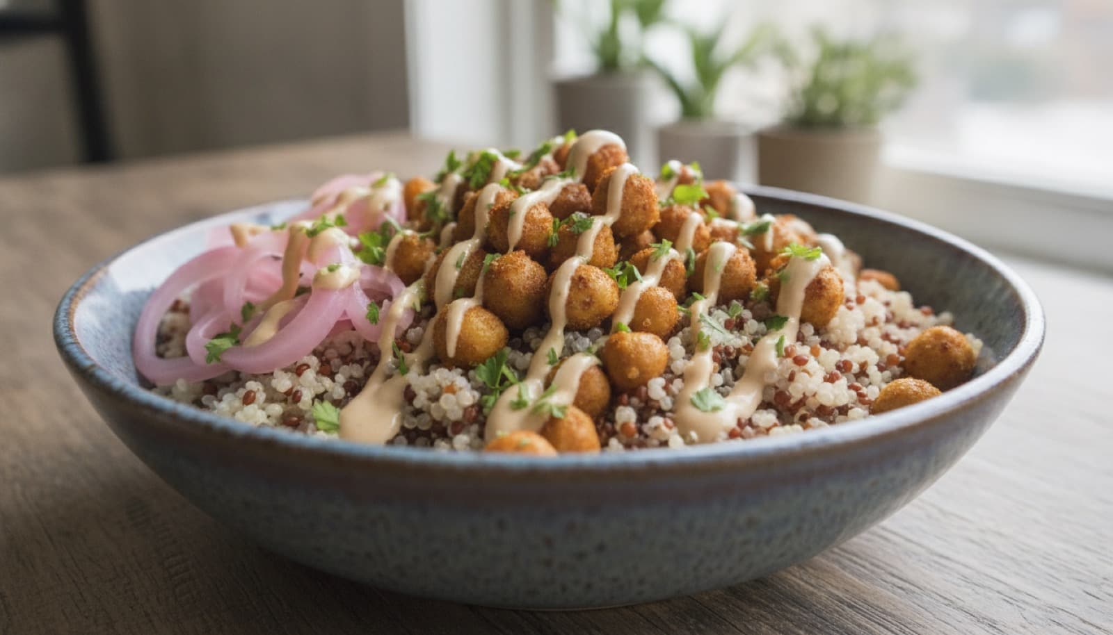 Vegane Kichererbsen-Shawarma-Bowl mit knusprigen gewürzten Kichererbsen, Quinoa, Tahini-Soße und eingelegter roter Zwiebel