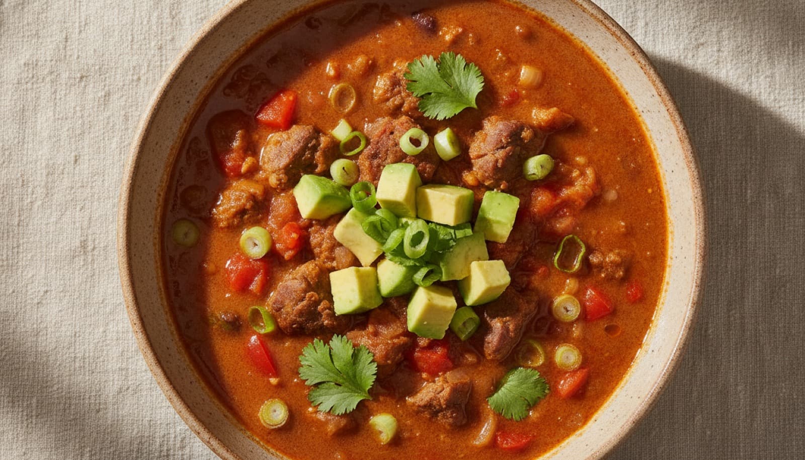 Whole30-Chili in einem gusseisernen Topf, garniert mit Avocado, Frühlingszwiebeln und Koriander